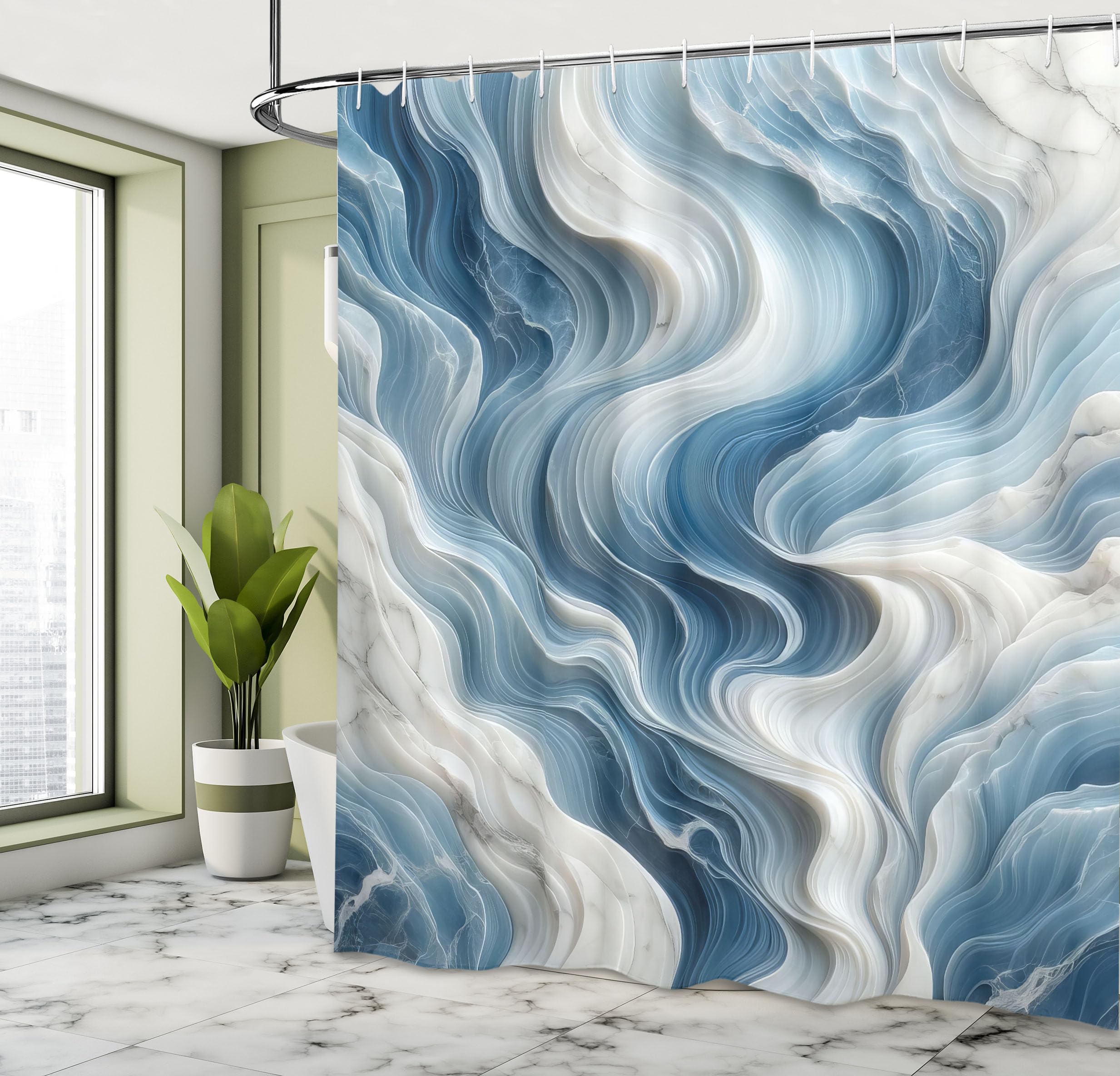 Ambesonne Blue Shower Curtain, Surreal Waves Of Marble Print With Oceanic Colors Modern Abstract Style, Cloth Fabric Bathroom De